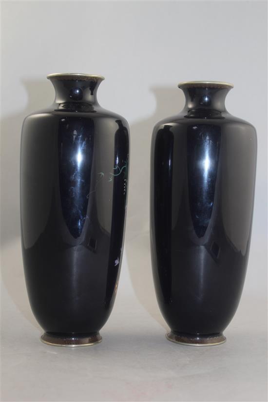 A pair of Japanese silver wire cloisonne enamel vases, Meiji period, 24.5cm, slight damage to enamel